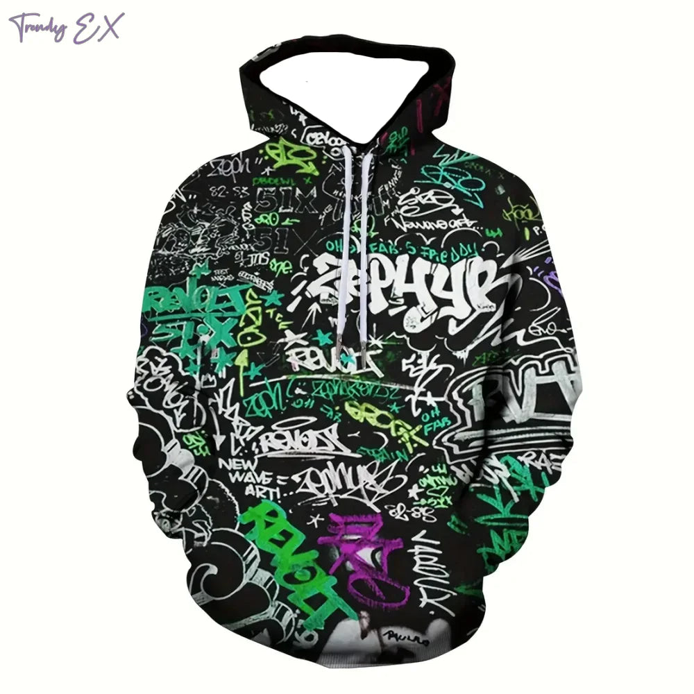 Sweatshirts for Men Fashion Graffiti Print Casual Oversized Hoodie Comforts Kangaroo Pocket Sport Long Sleeves Hooded Sweatshirt